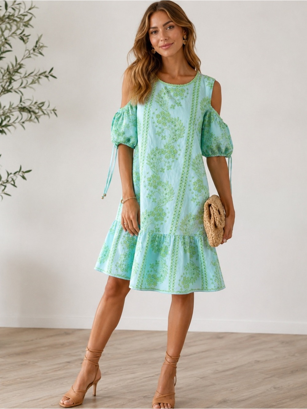 Melloday Eyelet Cold-Shoulder Puff Sleeve Mini Dress in Mint Green XS